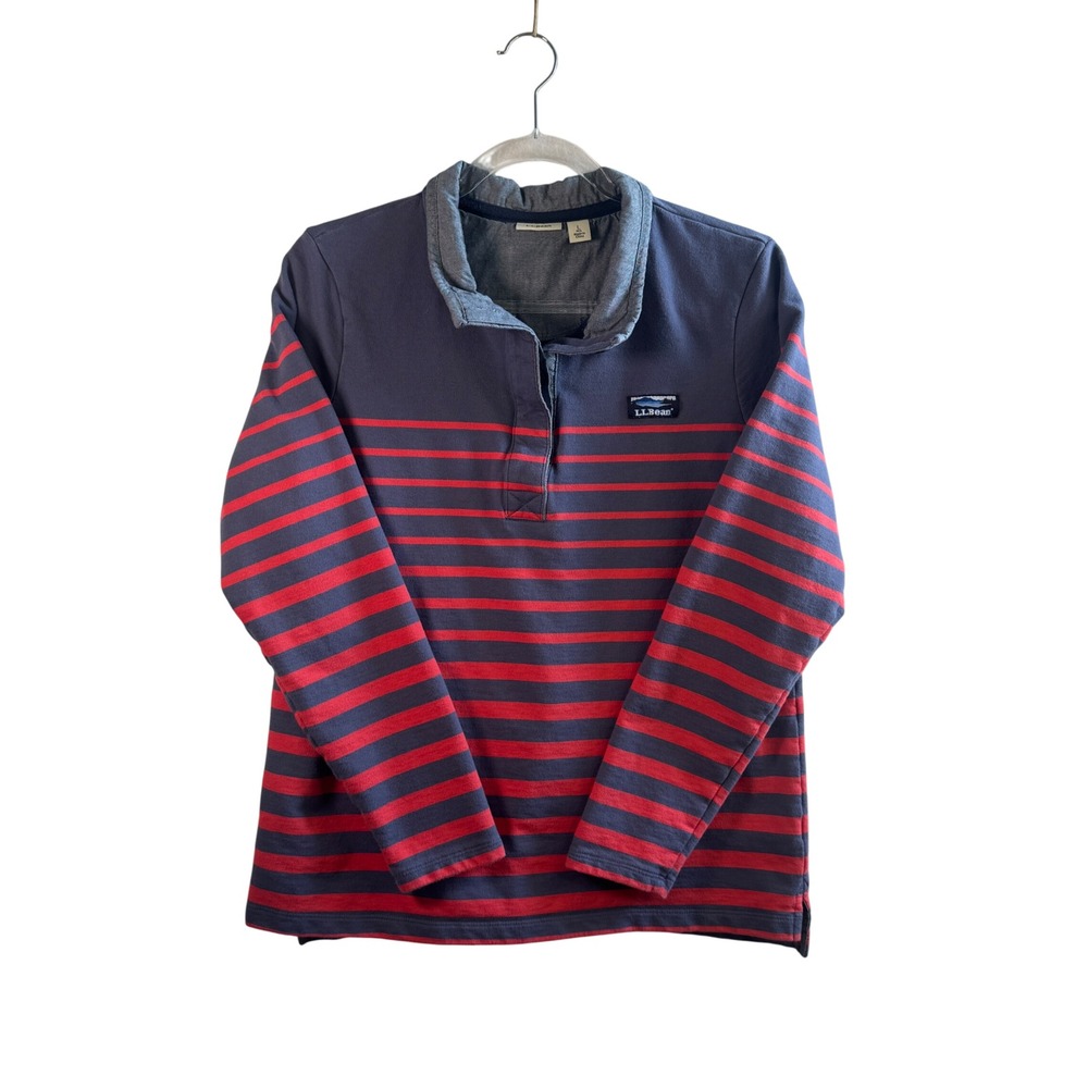LL Bean Sweatshirt Katahdin Logo Cotton Stripe Henley Pullover Navy Red L Rugby